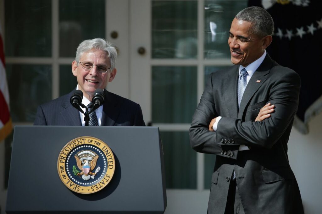 Merrick Garland speaking from the White House podium after an introduction from President Barack Obama.