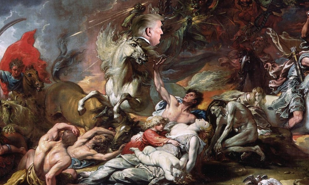 Trump's head superimposed on a background painting entitled, "Death on the Pale Horse" by Benjamin West