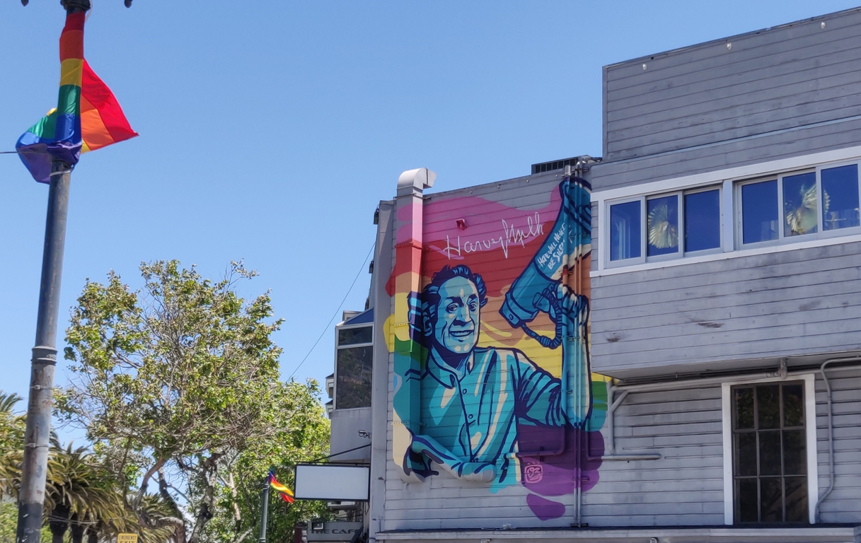 A painted mural of Harvey Milk on the Market Street side of the old 'Cafe' Bar.